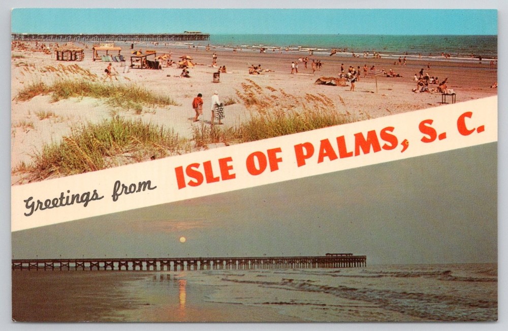 Greetings Isle of Palms SC Beach Pier Dexter Press Chrome Postcard