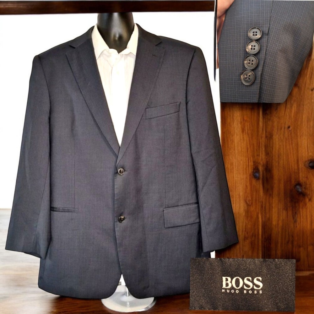 Hugo Boss Mens 46R Sport Coat Blazer Gray Microcheck Wool