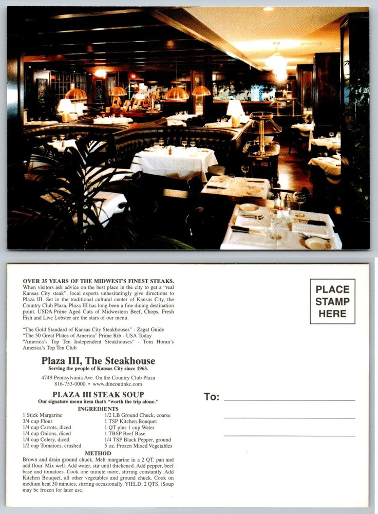 Plaza III Steakhouse Kansas City MO Postcard - Iconic Steak Soup Recipe