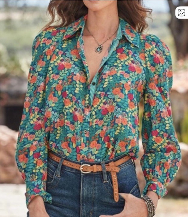 Sundance Floral Rosie Vines Button Up Shirt Blouse Puff Sleeves Size XL Boho