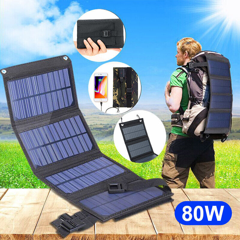 80Watt Solar Panel Portable PV Battery Charger For Outdoor Camping Phone Hiking