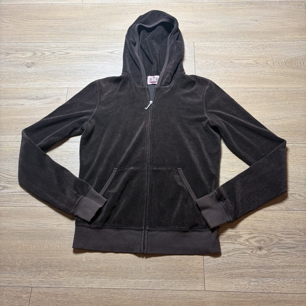 Juicy Couture Hoodie Women Medium Brown Velour Zip Up Crown Graphic Made USA Y2K