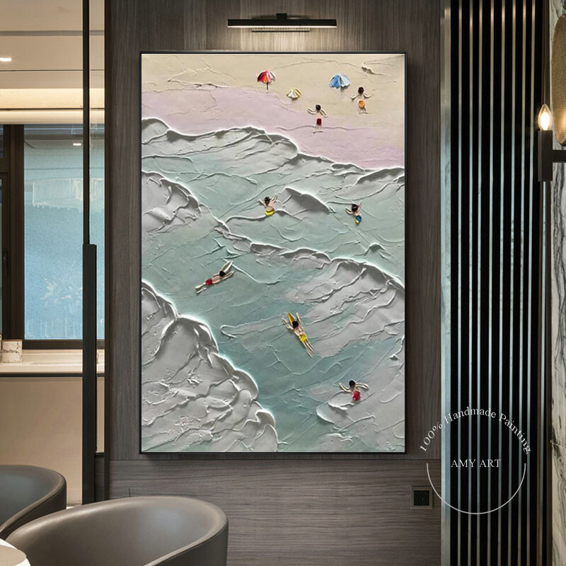 Sandy Beach Landscape Handmade Oil Painting Summer Swimming Figure Canvas Art