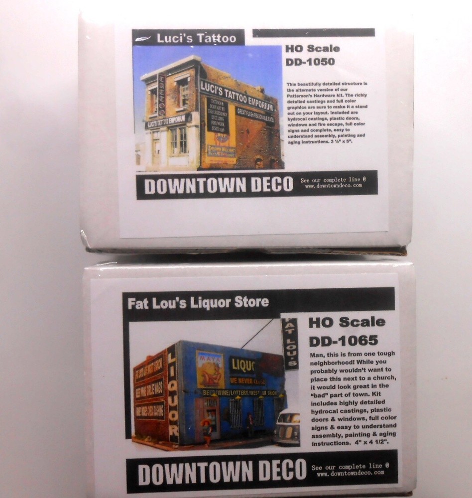 Downtown Deco HO Scale 2 Building Structure Kits Fat Lou's + Luci's Tattoos.