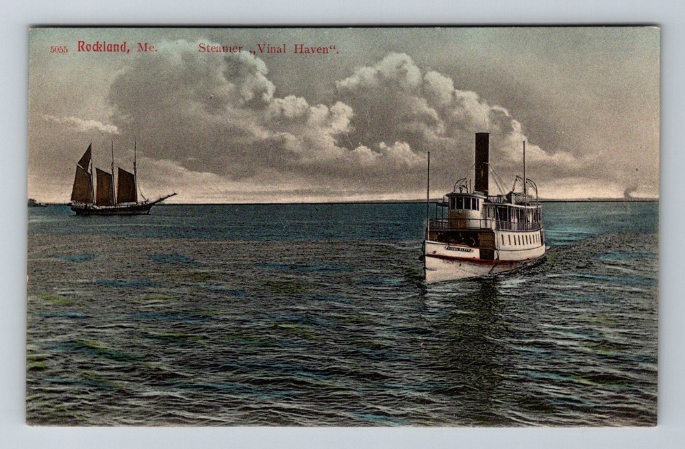 Rockland, ME-Maine, Steamer Vinal Haven Harbor Sailing Scene Vintage Postcard
