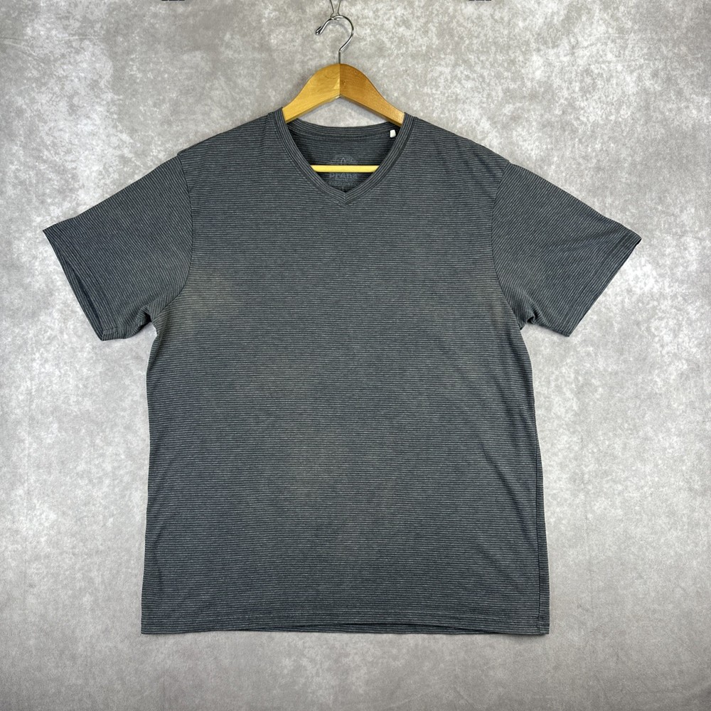 PRANA Mens Large Gray Striped V-Neck T-Shirt Cotton Blend Casual