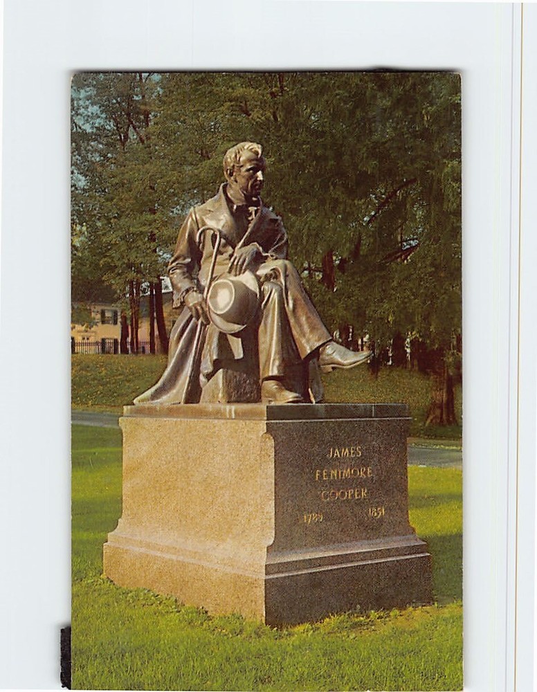Postcard James Fenimore Cooper Statue Otsego Hall Cooperstown New York USA