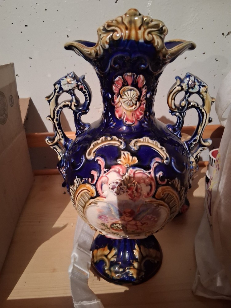 Antique Majolica Vase Two Handles ( Cherubs) Scene Blue White Gold