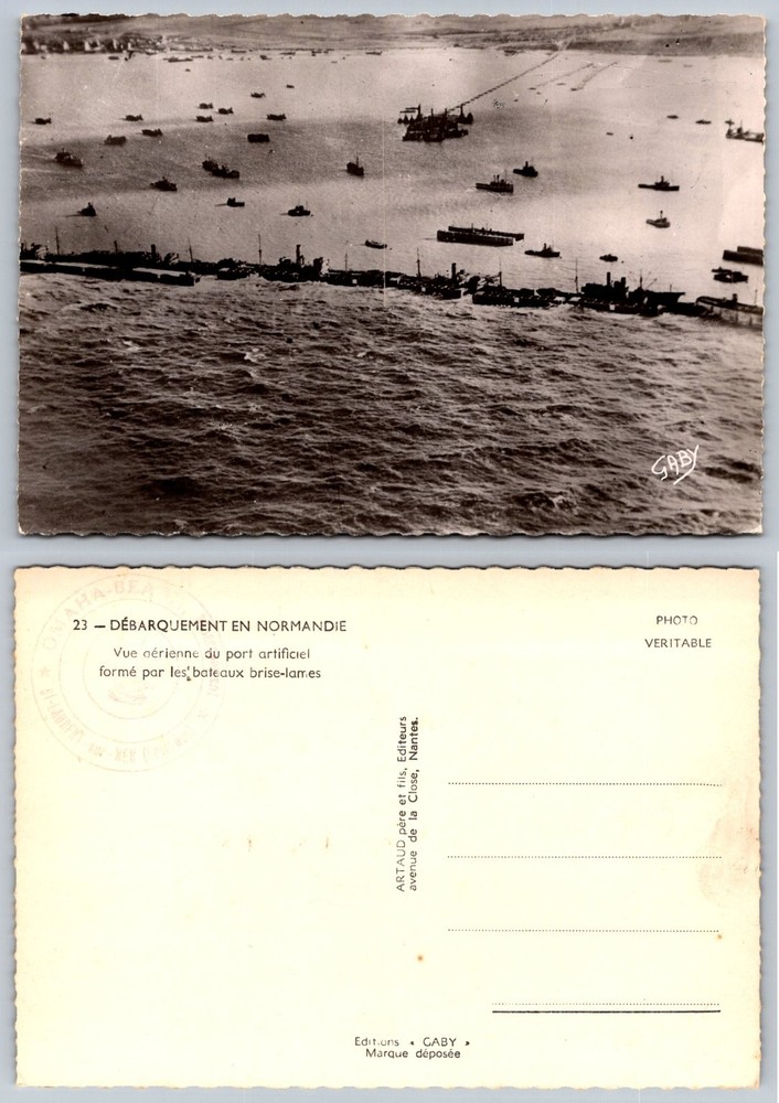 D-Day Normandy Mulberry Harbour Omaha Beach Real Photo Postcard Artaud Gaby