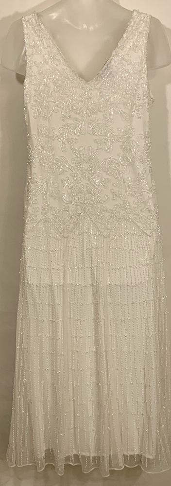 Womens' Cocktail Evening Dress Sequins & Beads Midi White Pisarro Nights Size 10