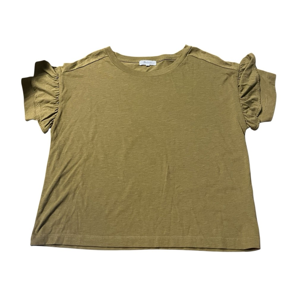 Madewell Women Medium Green Brown Olive Solid Short Sleeve Top Shirt Blouse