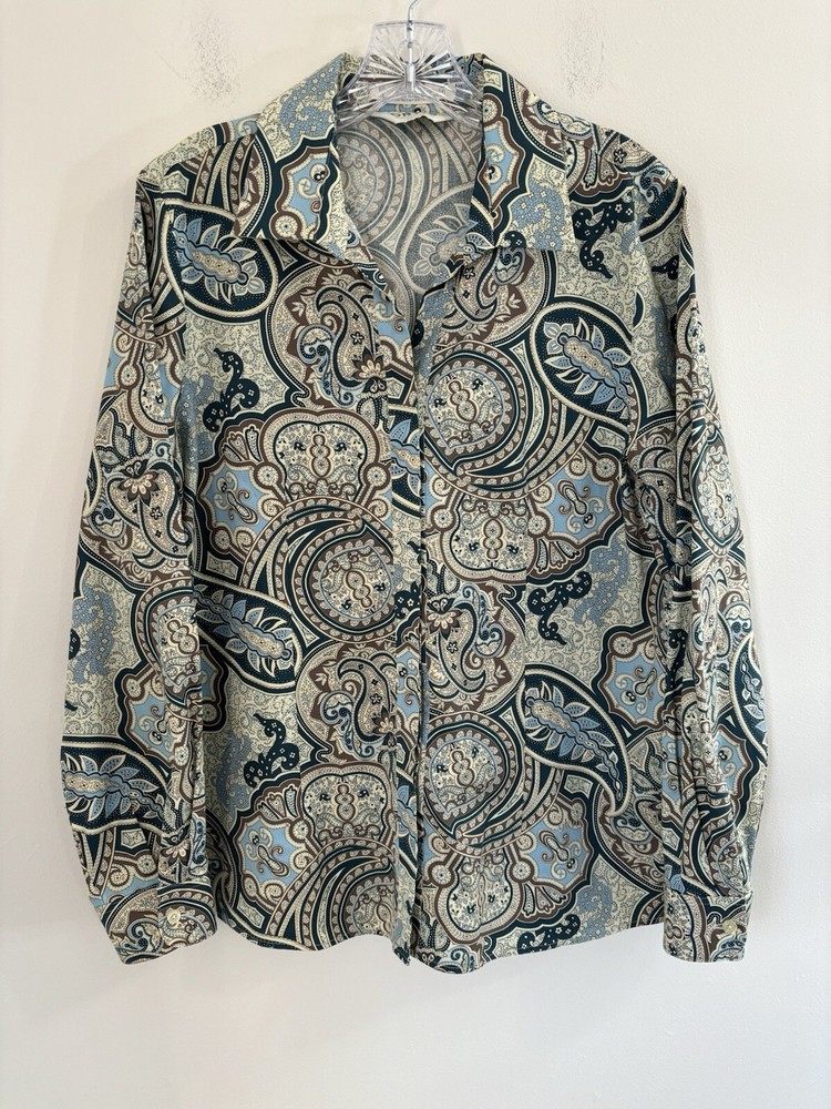 Orvis Shirt Womens Size 14 Button Up Long Sleeve Paisley Wrinkle Free Casual