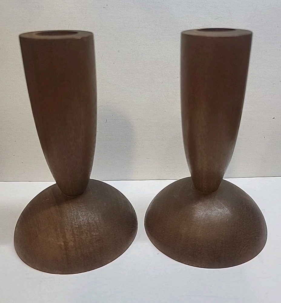 2 Pce Mid Century Modern Danish Solid Walnut Wood Candlestick Holders Wide Base