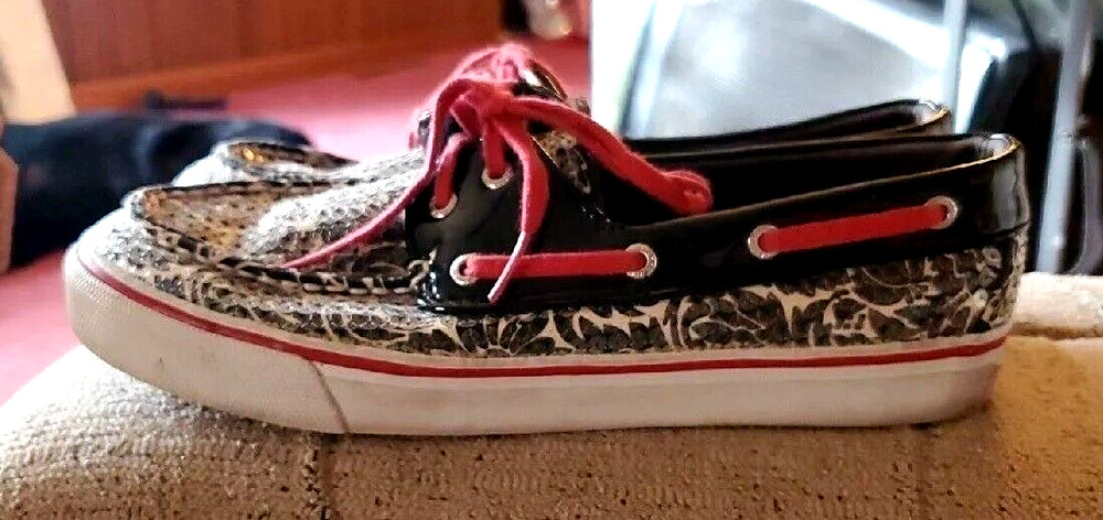 Women's Size 8M Sperry Shoes Top-Sider Biscayne Sequin Boat Shoe Black/White