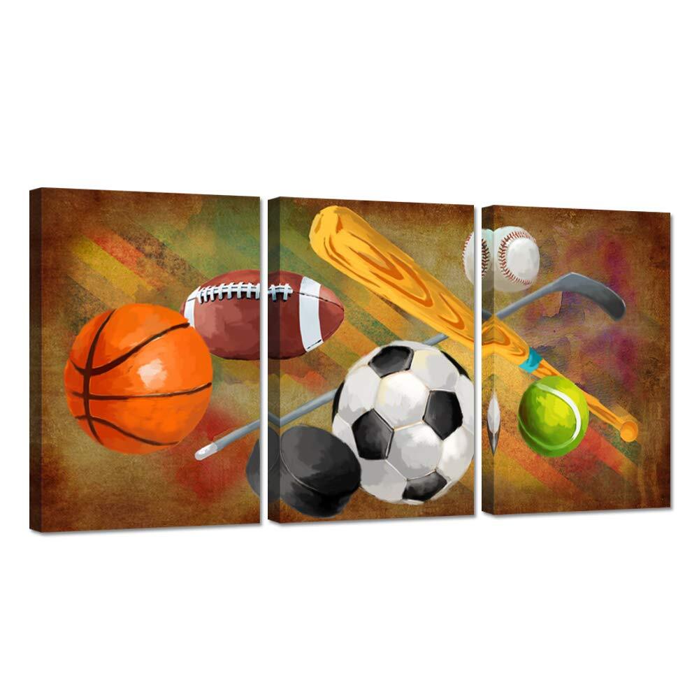 Zlove 3 Pieces Sports Canvas Wall Art Rustic Soccer Football Baseball Basketb...