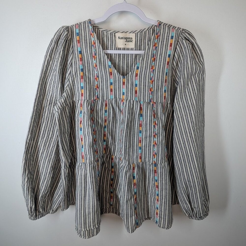 Savanna Jane Medium Cotton Linen Peasant Blouse with Stripes and Embroidery