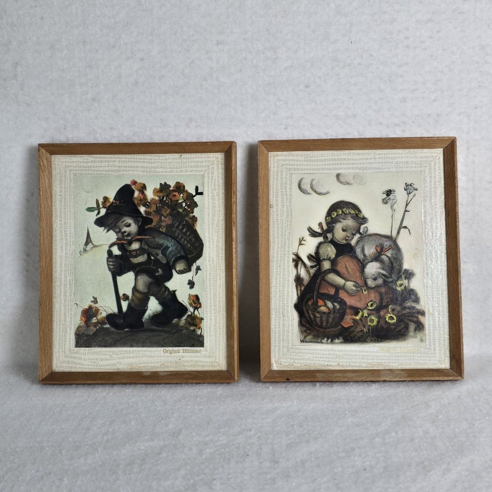 Vintage Original Hummel Mini Prints Framed Art Pictures Set of 2 Boy Girl