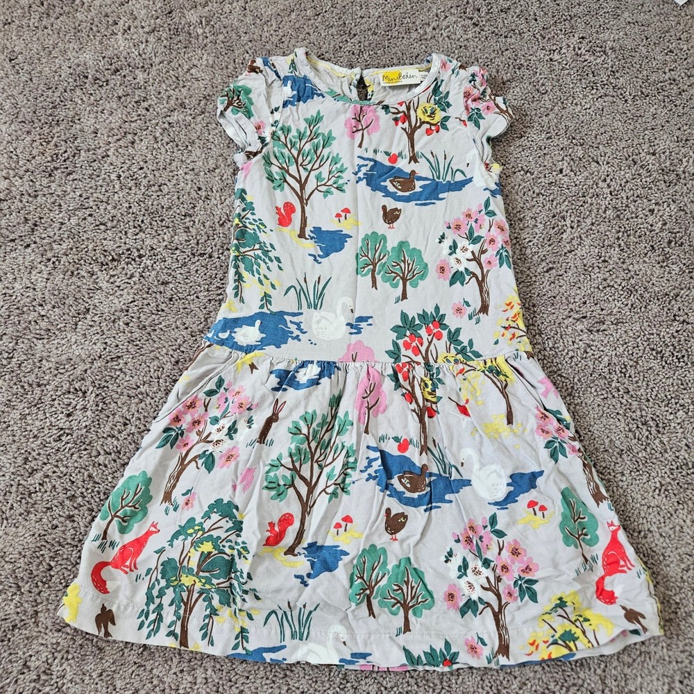 Mini Boden Girls Woodland Animal Print Drop Waist Dress Size 10 Whimsical Forest