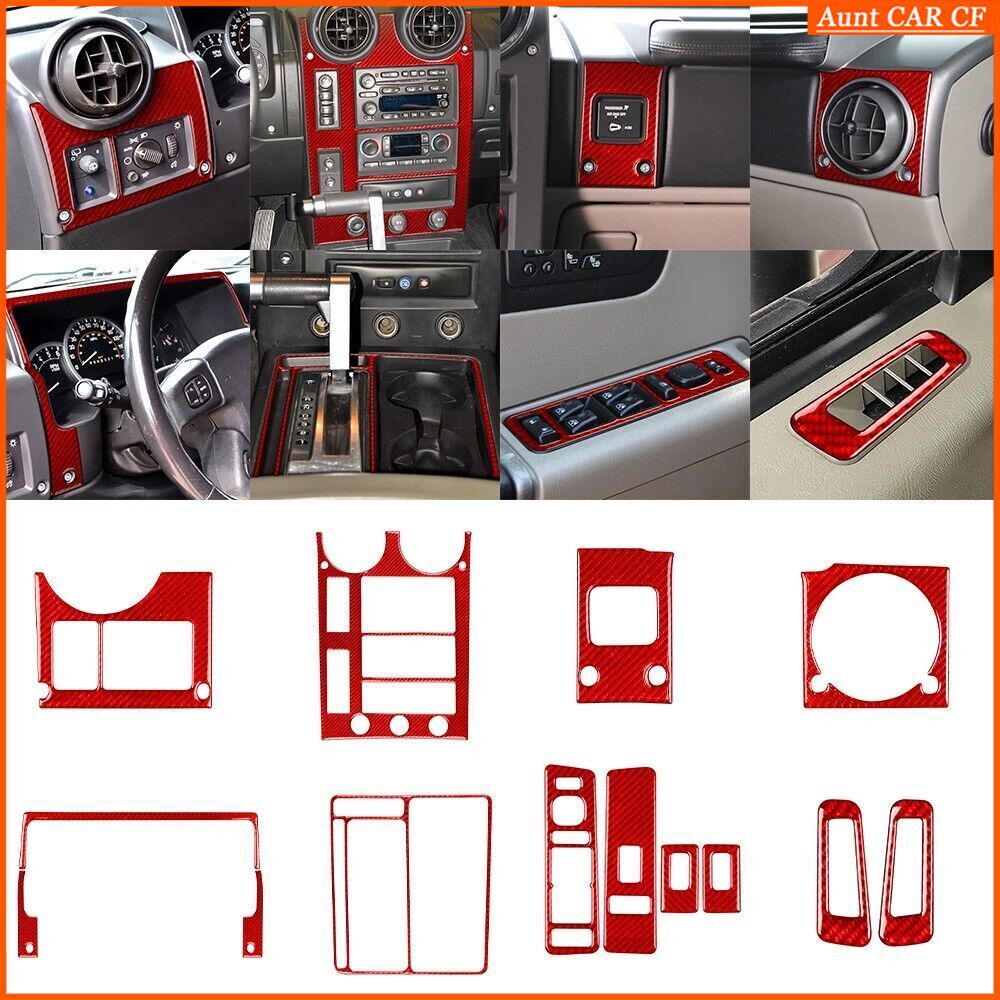 14Pcs Red Carbon Fiber Interior Full Set Cover Trim Kit For Hummer H2 2003-2007