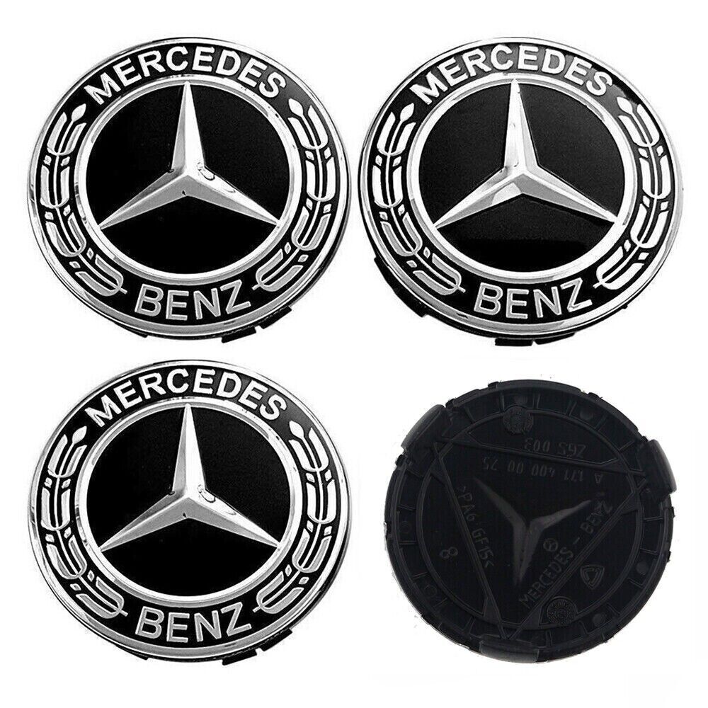 4x Hub Cover 75mm Black For Mercedes Logo Emblem Rim Wheel Center