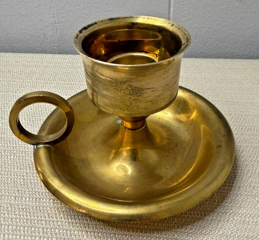 Vintage Brass Chamberstick Candle Holder Finger Loop Primitive Colonial Decor