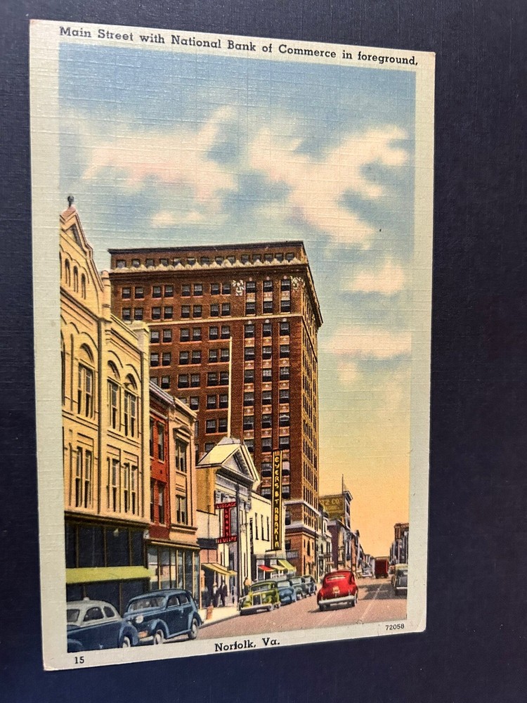 Main Street with National Bank of Commerce Norfolk Virginia Postcard