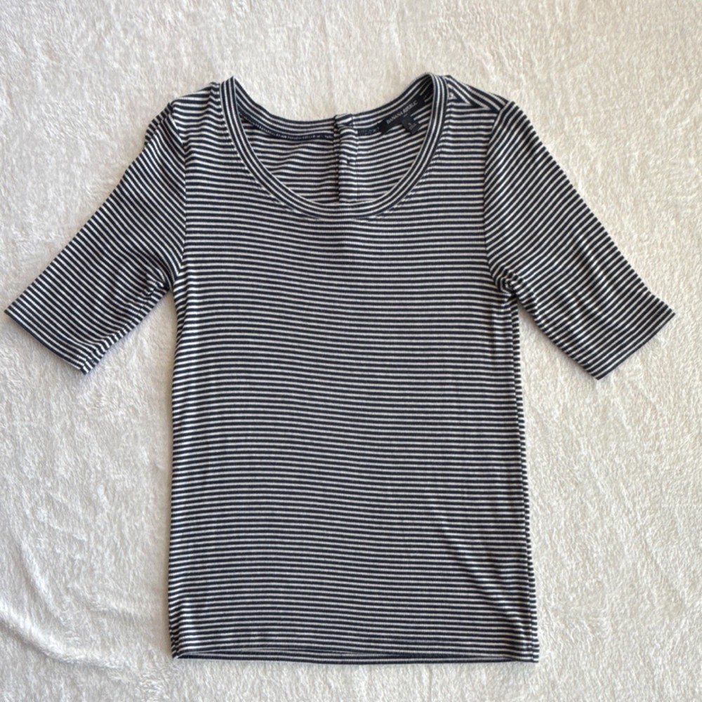 Banana Republic Women's S Navy White Striped Knit Cotton 3/4 Sleeve Top