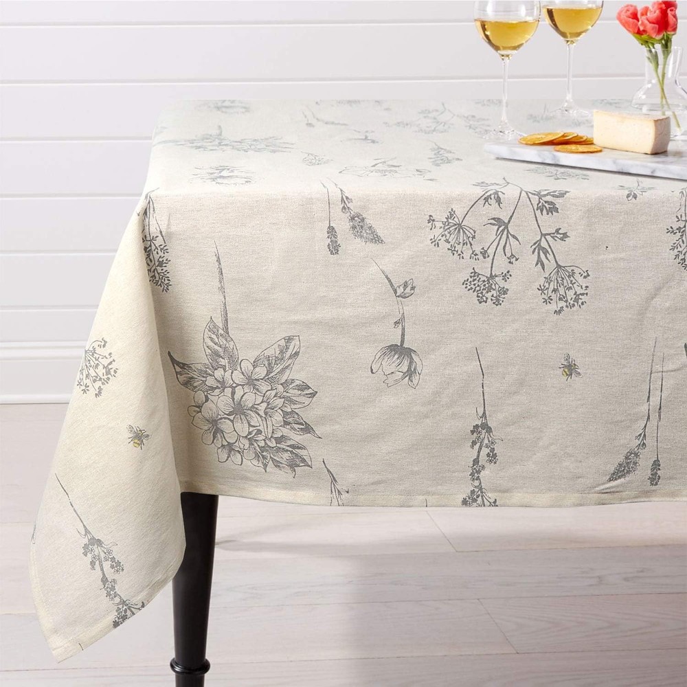 Spring Floral Beige Cotton Linen Rectangle Tablecloth Rustic Garden Natural D...