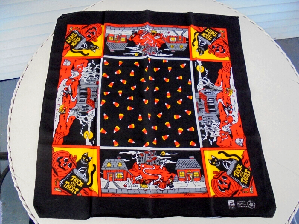 Vintage Halloween Handkerchief Bandana Pumpkins, Black Cat, Candy Corn 22in.