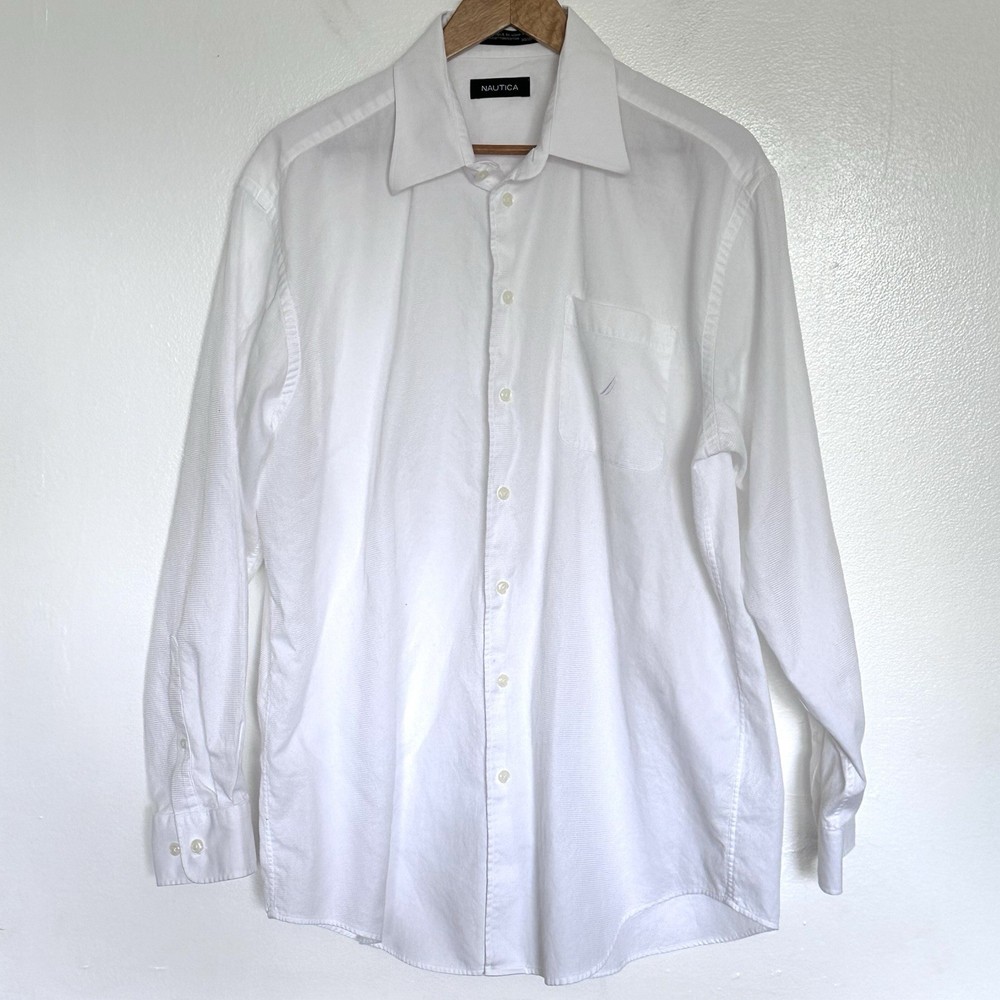 Nautica Men’s Shirt 16 1/2 34/35 White Cotton Button Down Long Sleeve Pocket