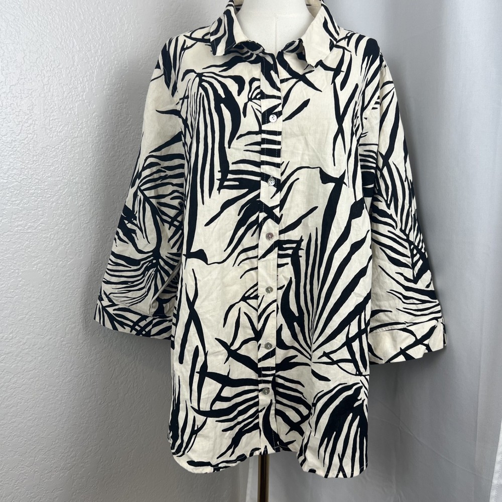 Rachel Zoe Top Womens 3X Cream Tropical Button Up Linen Blend Coastal Resort
