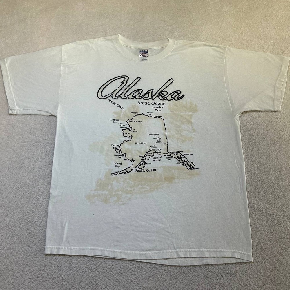 Vintage Gildan Men's White Alaska Map Graphic Cotton Y2K T-shirt Size XL