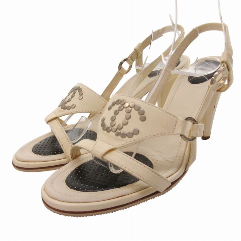 Chanel White Studded Coco Mark Heels Sandals Women's Size EU 37 US 7 Pre-Owned From Japan