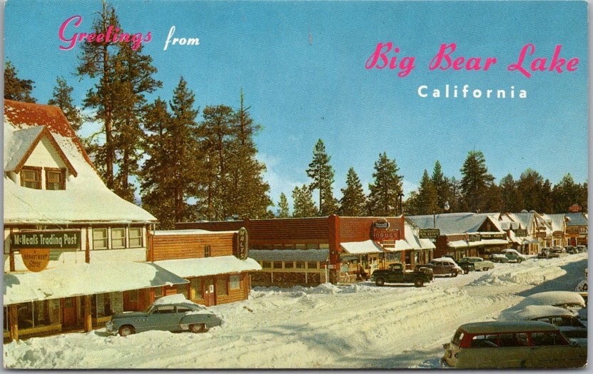 BIG BEAR LAKE, California Postcard Winter Street Scene / Unused - 1950s Cars