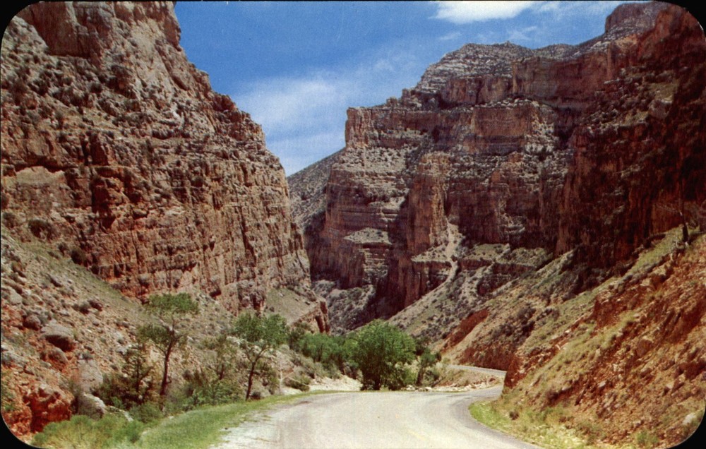 Cliffs at entrance Shell Canon ~ US 14 Big Horn Mountains Wyoming WY ~ 1950s