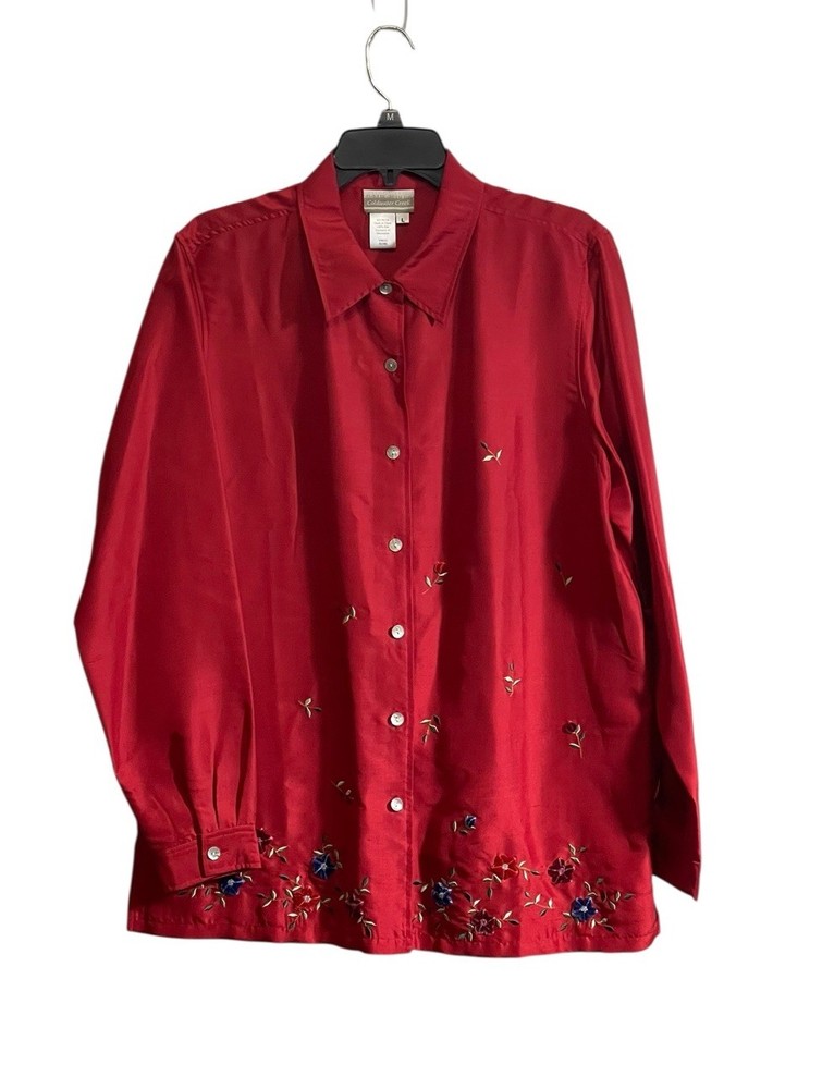 Coldwater Creek Large Silk Button Front Shirt Red Velvet Embroidered Flowers