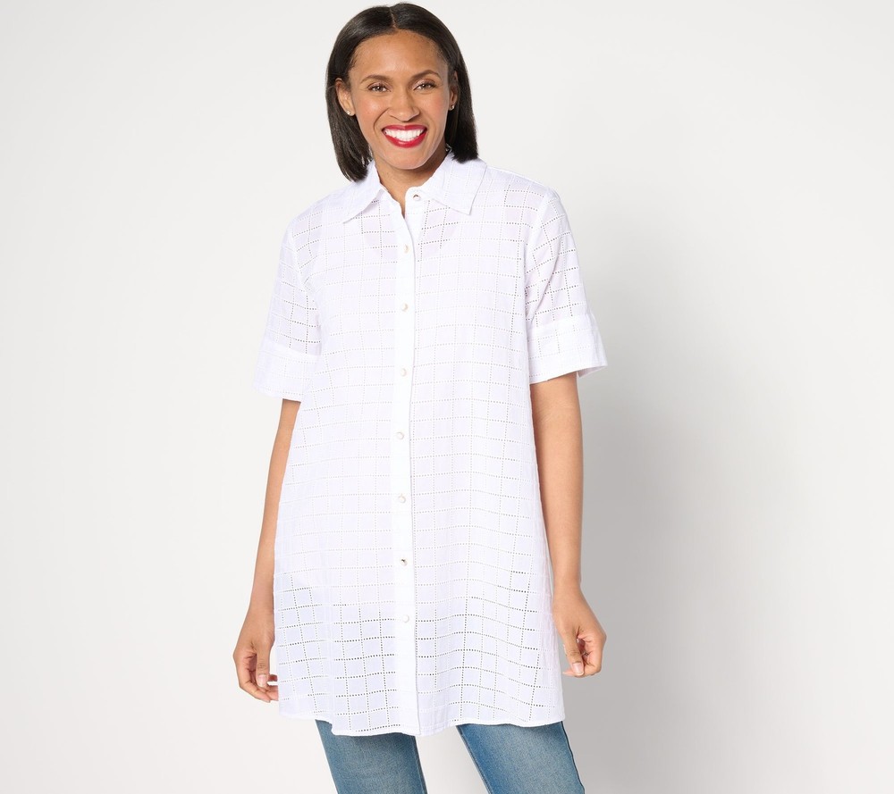 Dennis Basso Women's Top Sz M Button Front Eyelet Duster White A650051