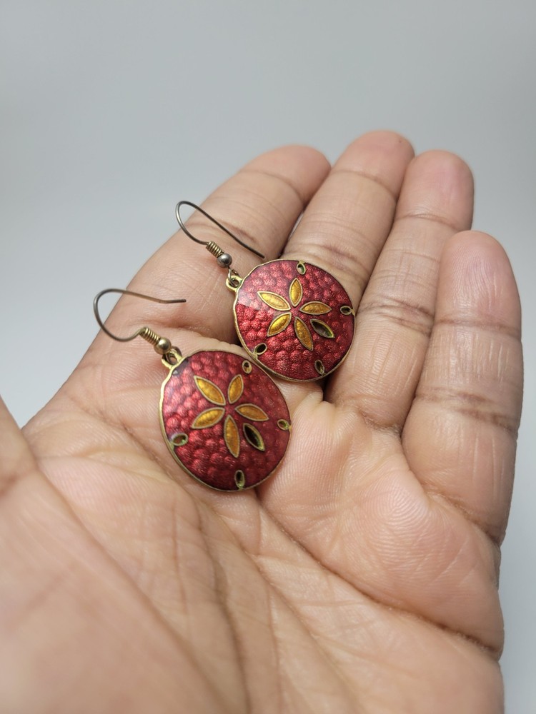 Vintage Red Enamel Sand Dollar Dangle Earrings Gold Tone Cloisonne Style French