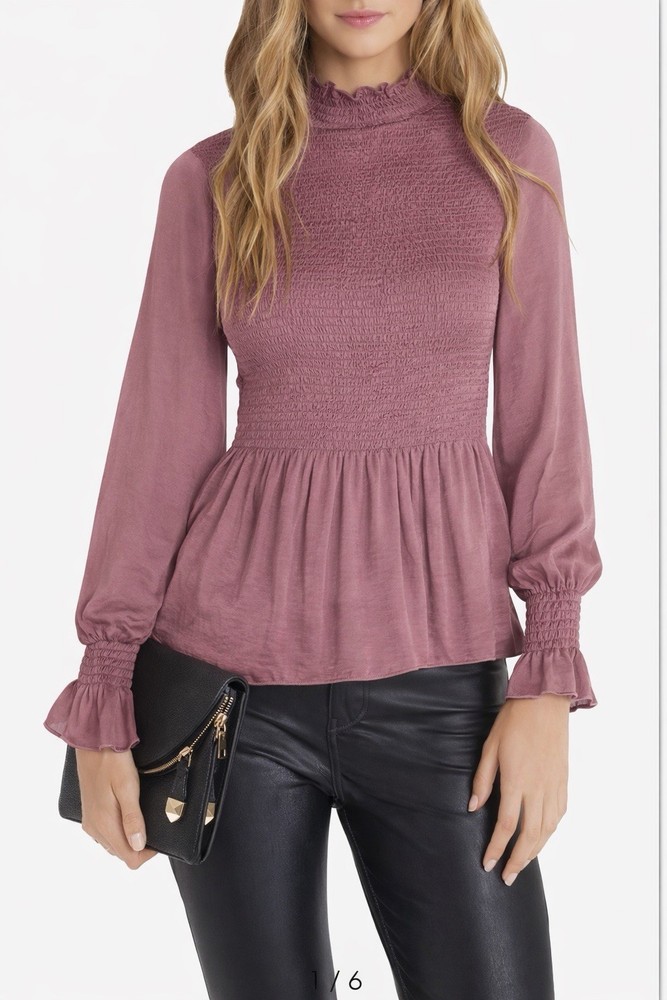 VICI Smocked Satin Peplum Blouse Mauve Long Sleeve Ruffle Neck Size Medium