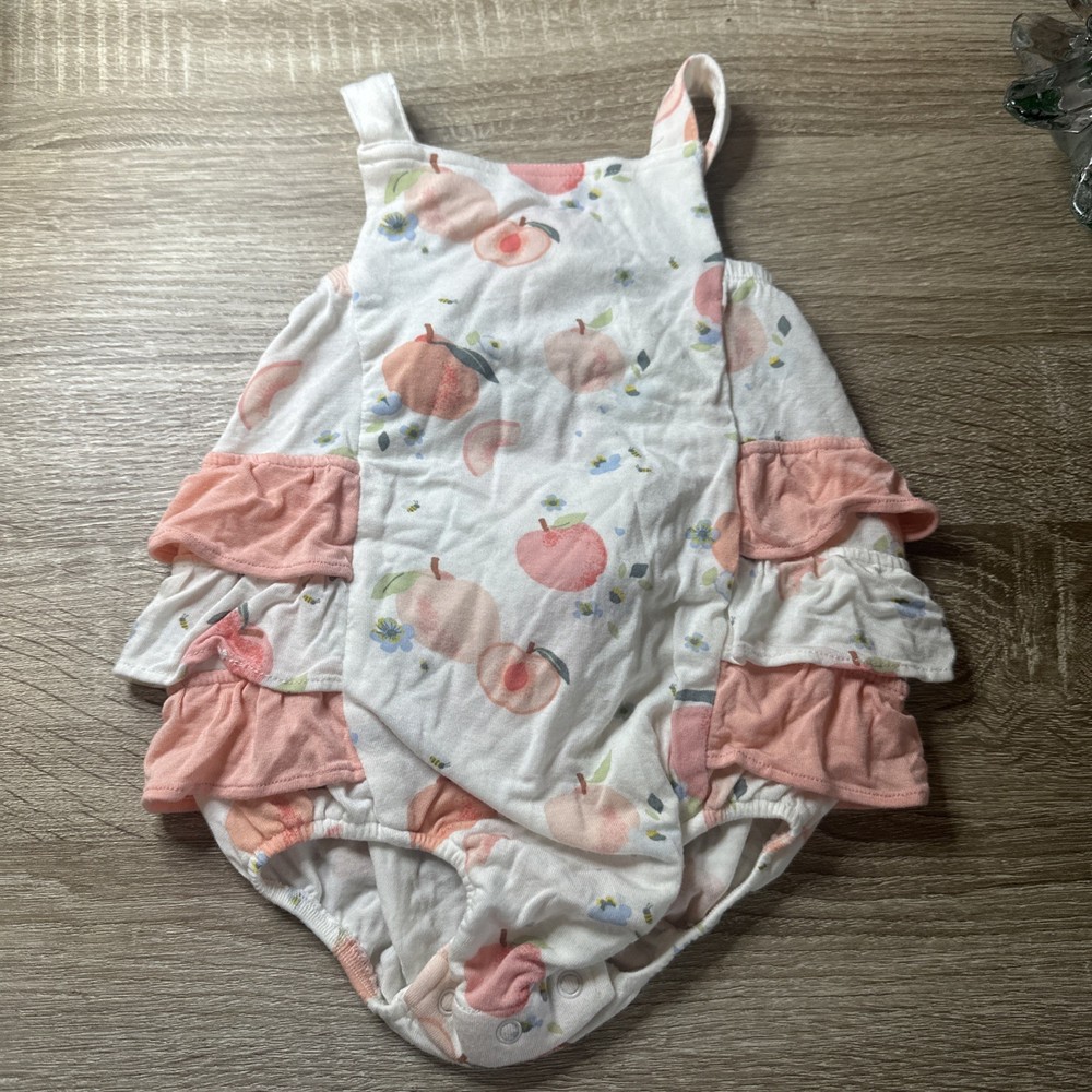 Angel Dear ruffle sunsuit peach print and pink ruffle Bamboo 6-12 Months