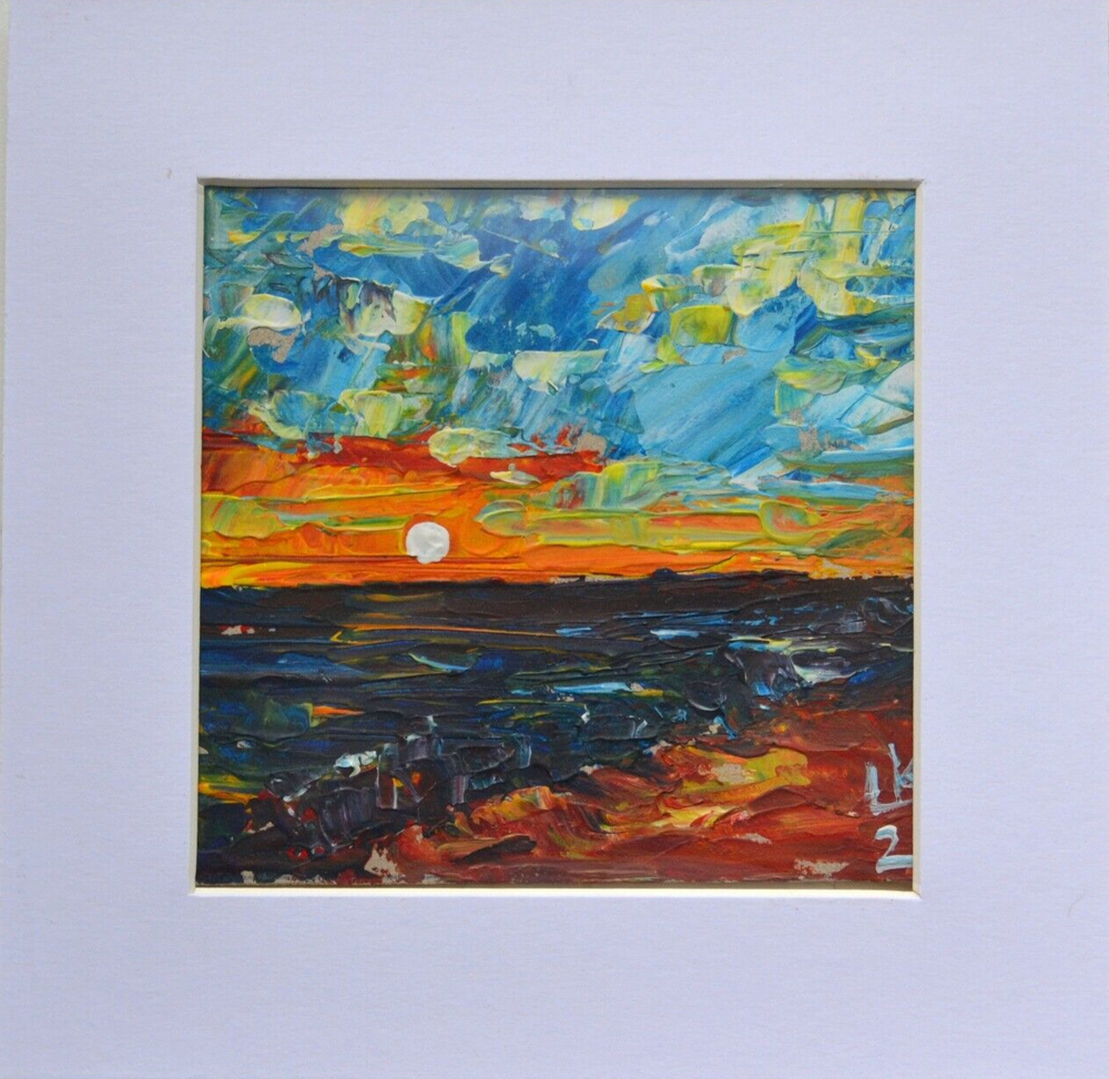 Expressive Small Sunset Wall Art Painting Heavy Impasto Style Rich Color Layers