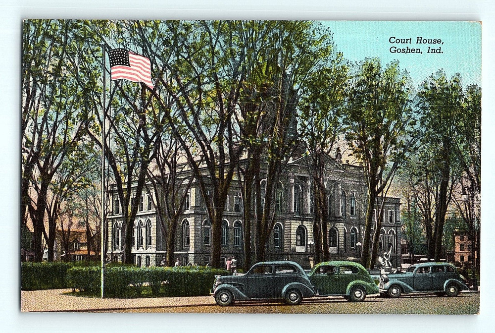 Court House Goshen Ind. Indiana Street View Cars Parked Vintage Postcard G3