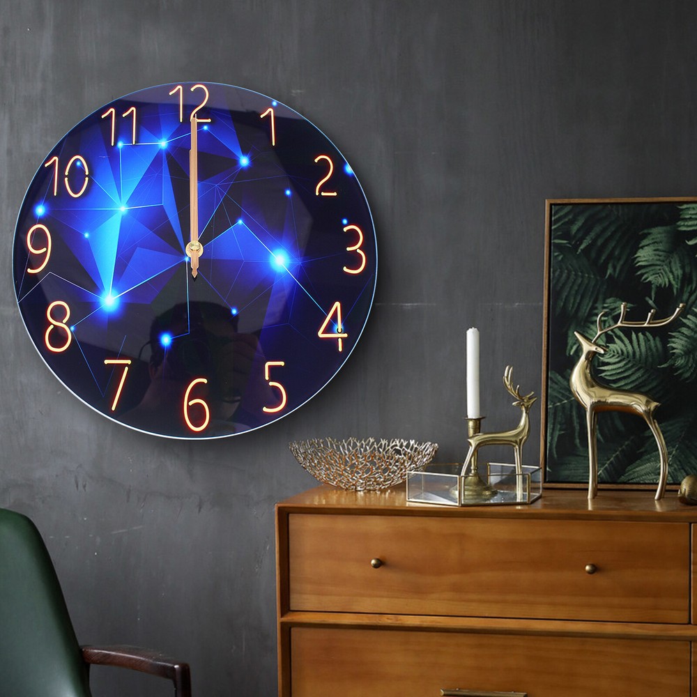 Diamond Large Wall Clock Blue Round Interior Modern Decorative Silent Wall Clock