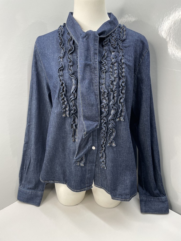 TWP Women Denim Shirt Indigo Blue Size L Connor Top Ruffle Front Neck Tie Cotton