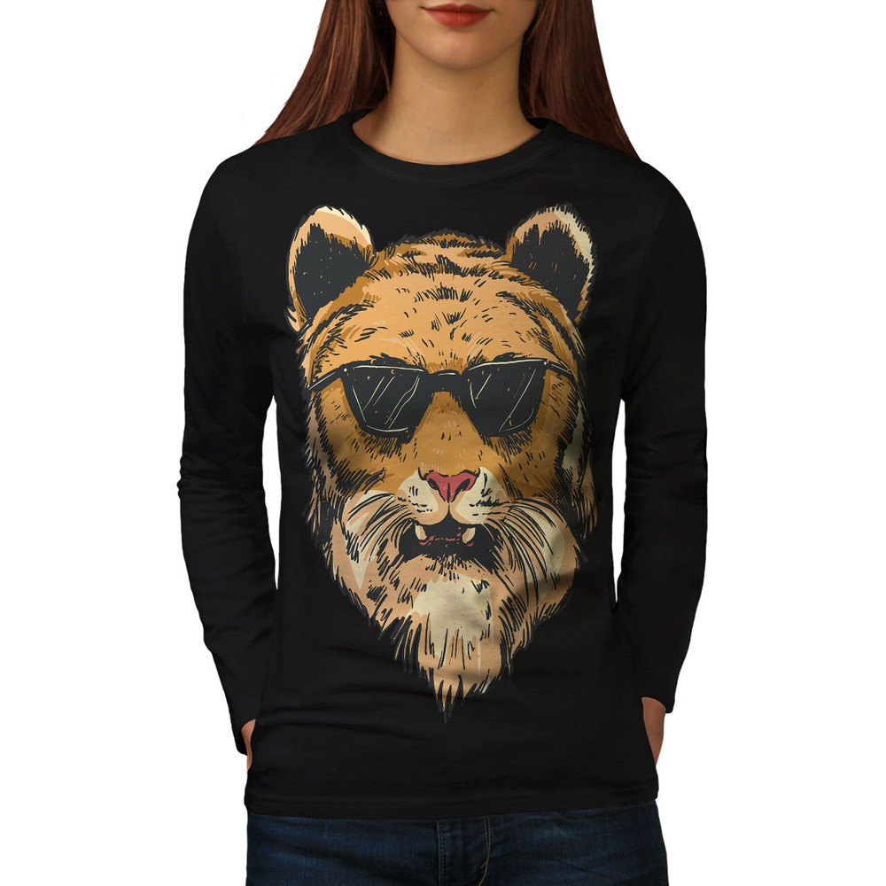 Wellcoda Cool Lion With Sunglasses Stylish Animal Womens Long Sleeve T-shirt