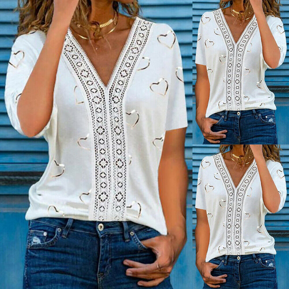 Ladies Summer Casual Tops Womens Heart Print V-neck Short Sleeve T-shirt Blouse