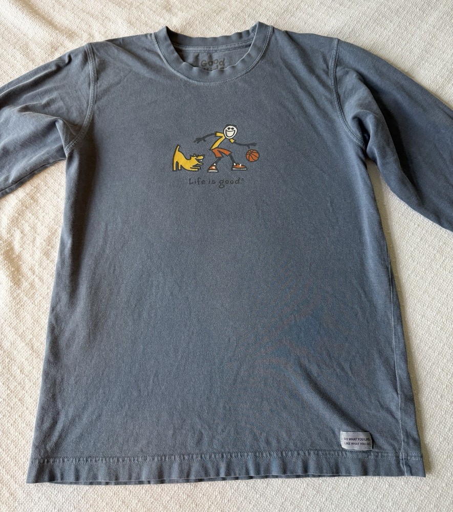 Good Kids Life Is Good Boys Basketball W/dog Long Sleeve Tee Size 12-14 Lt. Blue