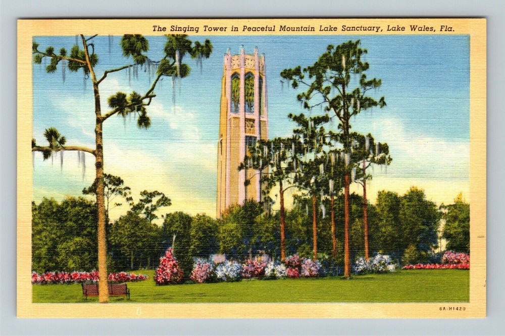 Lake Wales FL-Florida, The Singing Tower, Bells Sanctuary Gardens Linen Postcard
