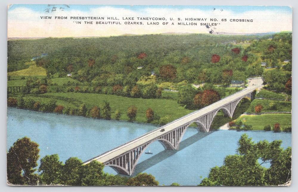 Linen~Air View Lake Taneycomo & Bridge US Hwy 65 In Ozarks~Vintage Postcard