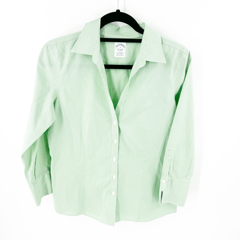 Brooks Brothers Womens 8 Green Gingham Non-Iron Stretch Fitted Button Down Shirt